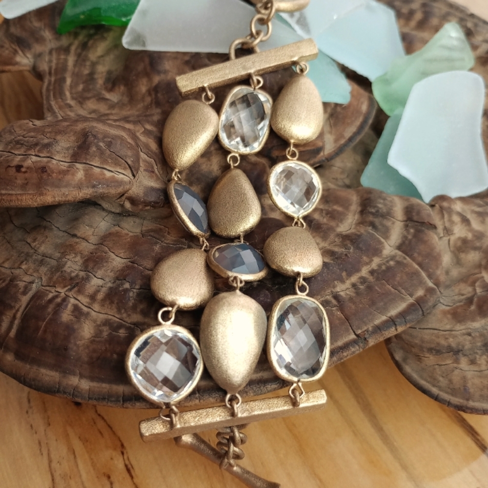 RIVKA FRIEDMAN China Triple Strand Satin Pebble & Crystal Bracelet 7"